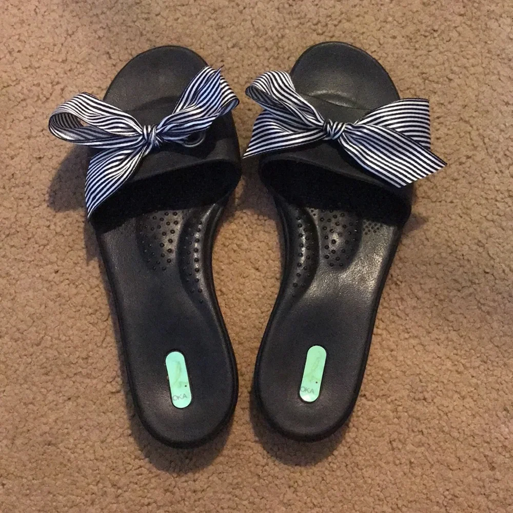 OKA B Madison Slide Sandals *Black Striped Ribbon Bows*